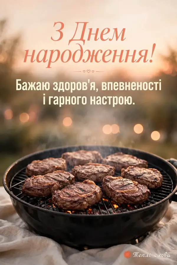 Стейки на грилі на заході сонця і побажання здоров'я та гарного настрою