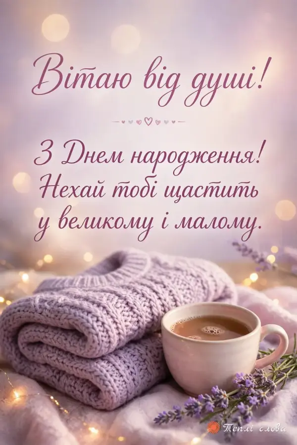 Бузковий светр, чашка чаю й лаванда — «Вітаю від душі!»