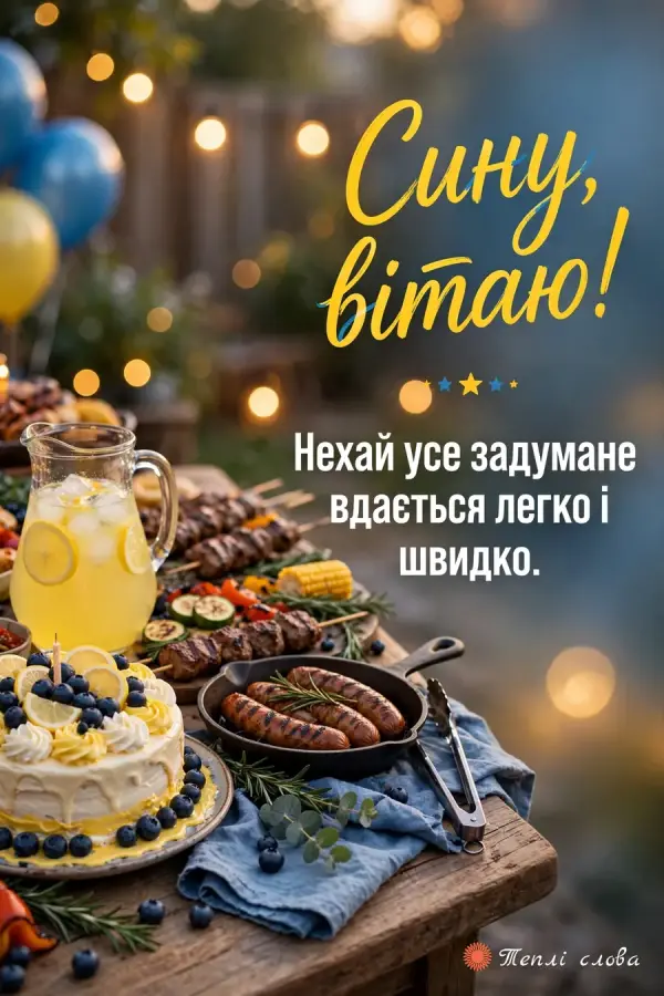 Святковий стіл з шашликами, ковбасками, лимонадом і тортом — «Сину, вітаю!»