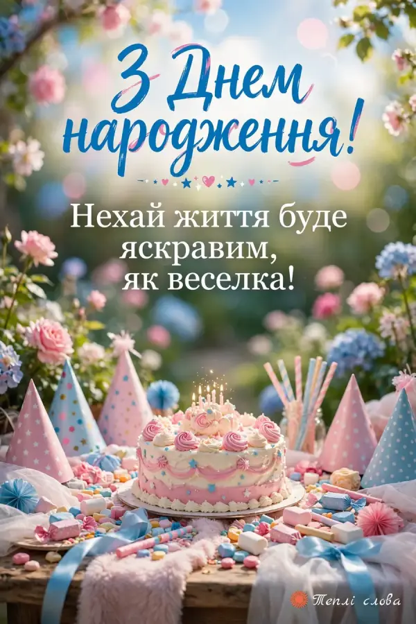 Святковий столик з ковпачками, цукерками й тортом у саду, побажання яскравого життя