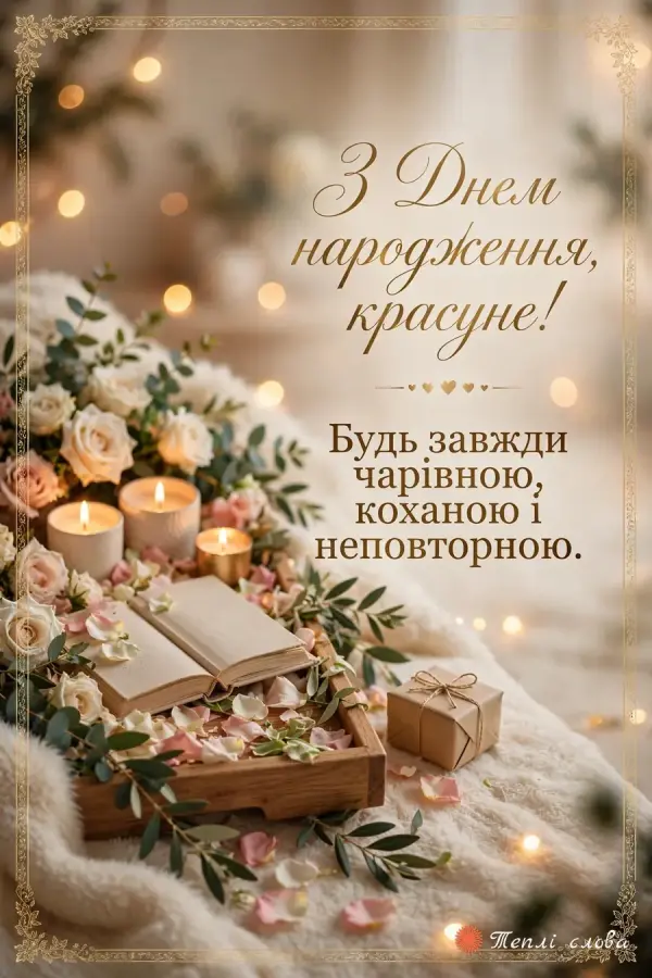 Свічки, троянди й розгорнута книга на пледі, привітання «З Днем народження, красуне!»