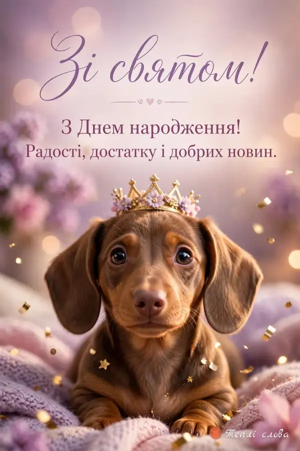 Цуценя такси в короні серед конфеті, «Зі святом!» з побажанням достатку і добрих новин