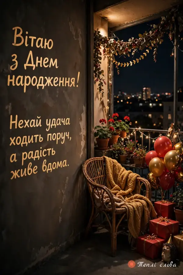 Темна стіна з побажанням удачі й радості та затишний куток з гірляндою