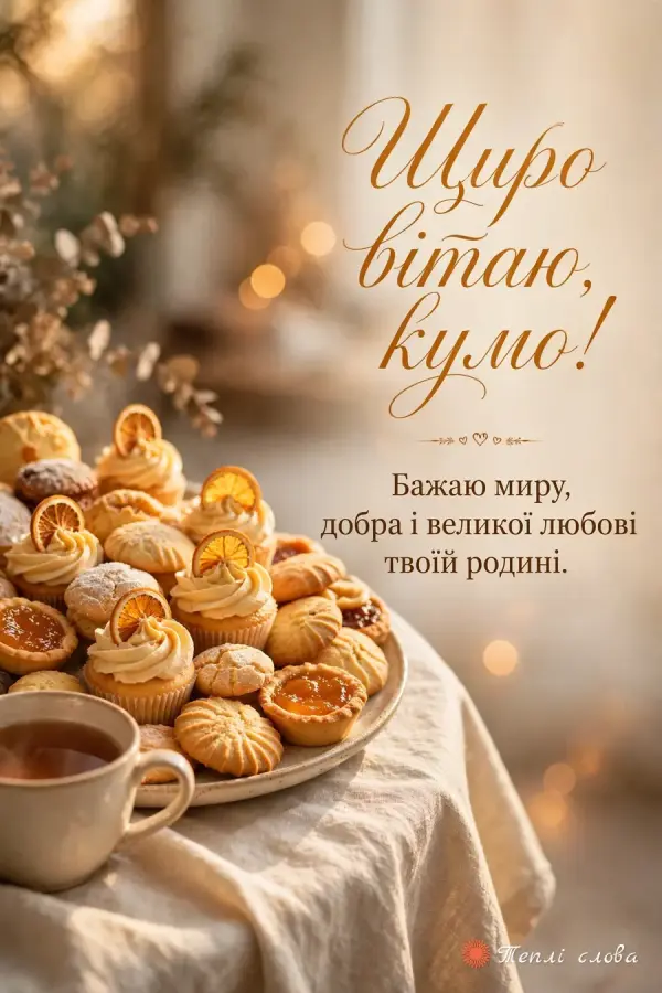 Тарілка тістечок і печива до чаю, «Щиро вітаю, кумо!» з побажанням миру й добра