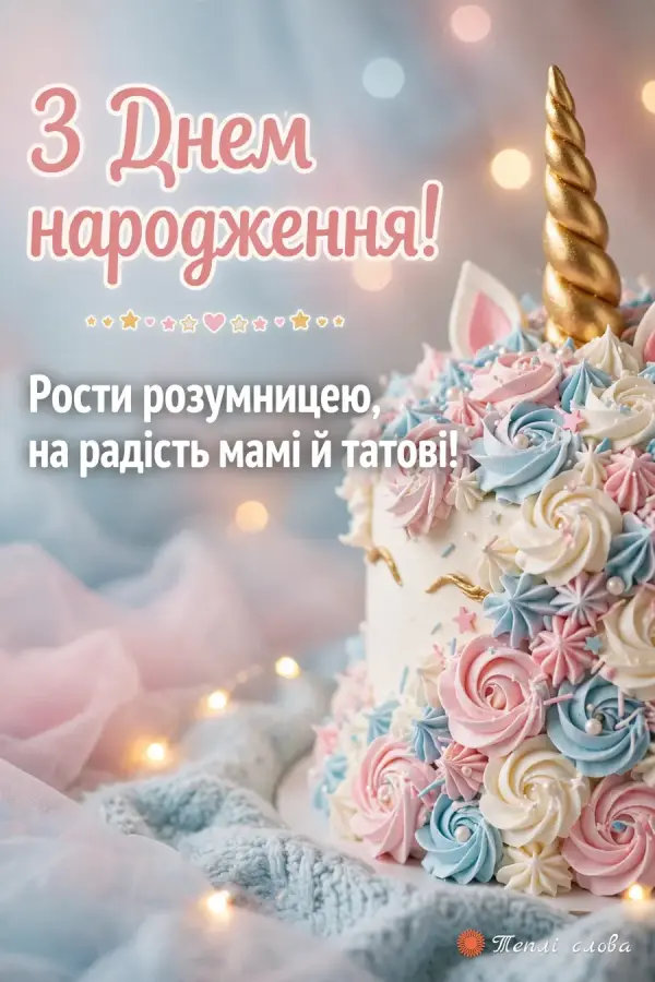 Торт-єдиноріг із золотим рогом і кремовою гривою, побажання рости розумницею