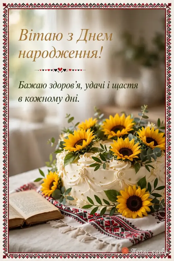Торт із соняшниками на вишитому рушнику у вишитій рамці, побажання здоров'я й удачі