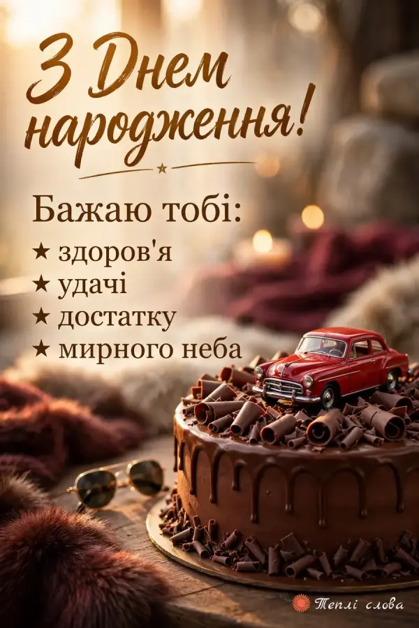 Шоколадний торт з іграшковим червоним авто і список: здоров'я, удачі, достатку, мирного неба