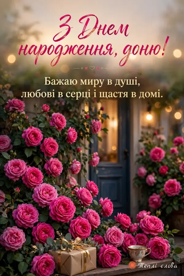 Кущові троянди біля дверей ганку з подарунком, побажання миру в душі і щастя в домі