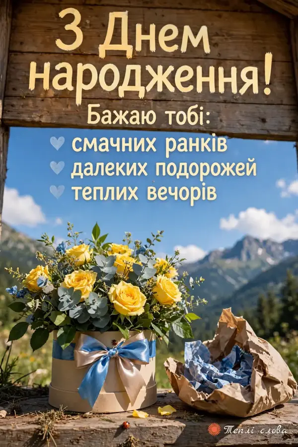 Жовті троянди на тлі гір і неба та список побажань із сердечками
