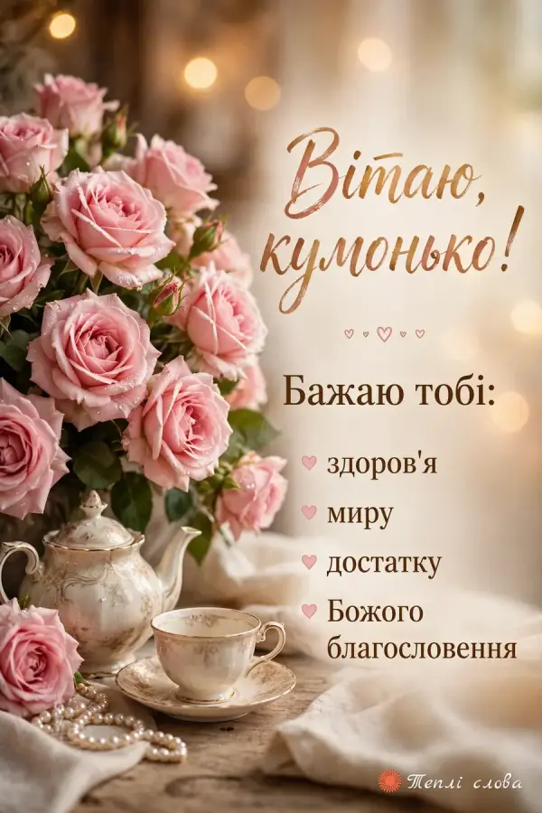 Рожеві троянди й порцеляновий сервіз, «Вітаю, кумонько!» і список: здоров'я, миру, достатку
