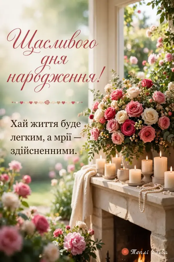 Троянди й запалені свічки на каміні, «Щасливого дня народження!» з побажанням легкого життя