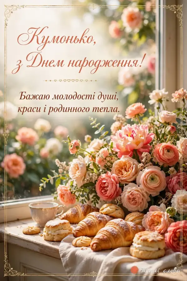 Троянди, півонії й свіжа випічка на підвіконні — «Кумонько, з Днем народження!»
