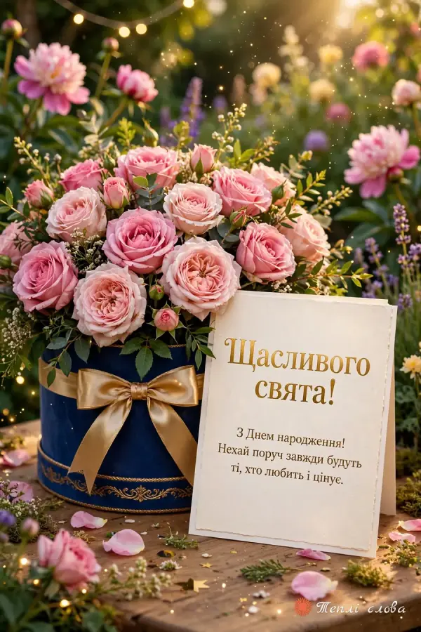 Рожеві троянди в капелюшній коробці та листівка «Щасливого свята!»