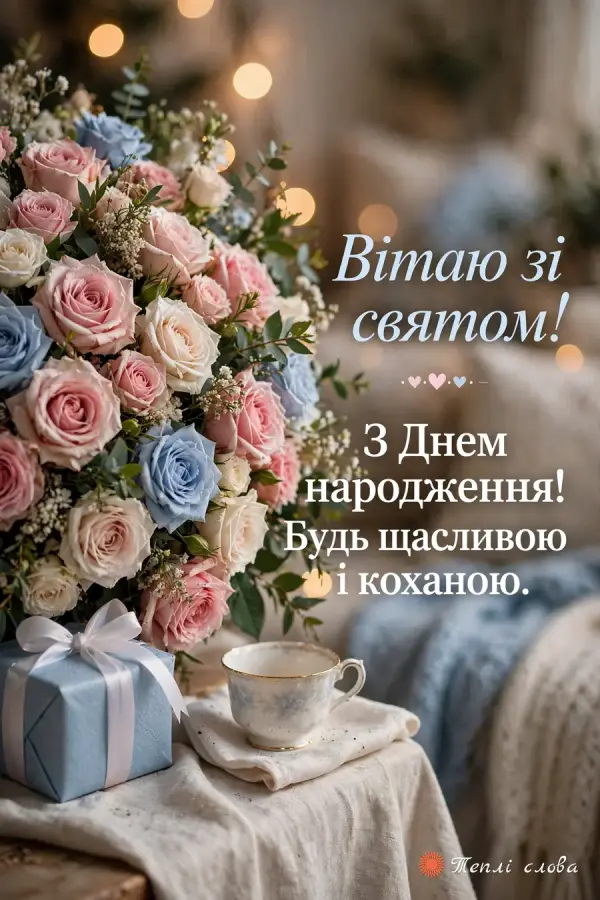 Рожеві й блакитні троянди з подарунком і чашкою — «Вітаю зі святом!»