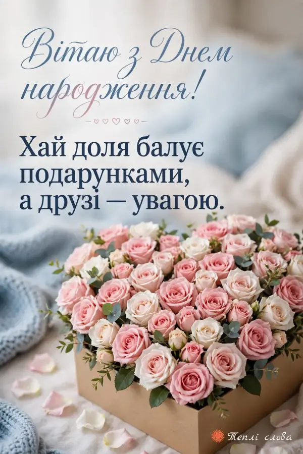 Рожеві троянди серцем у коробці і побажання, щоб доля балувала подарунками