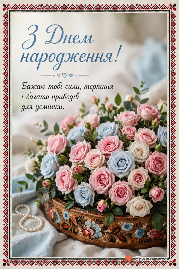 Рожеві й блакитні троянди в таці з петриківським розписом, побажання сили й терпіння