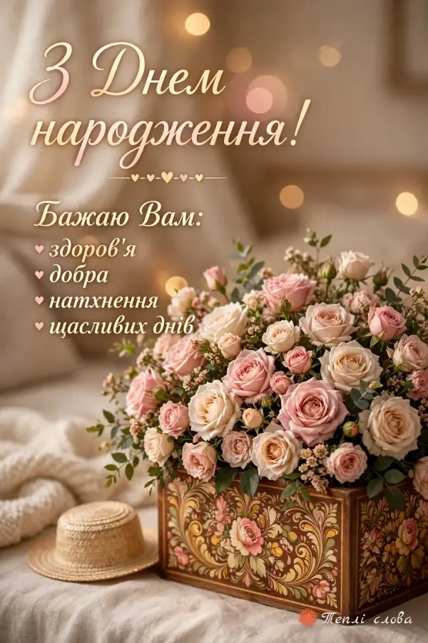 Скринька з петриківським розписом, повна троянд, і список побажань: здоров'я, добра, натхнення