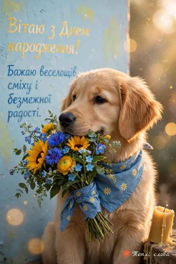 Цуценя з букетом соняшників і волошок біля блакитної стіни з побажанням