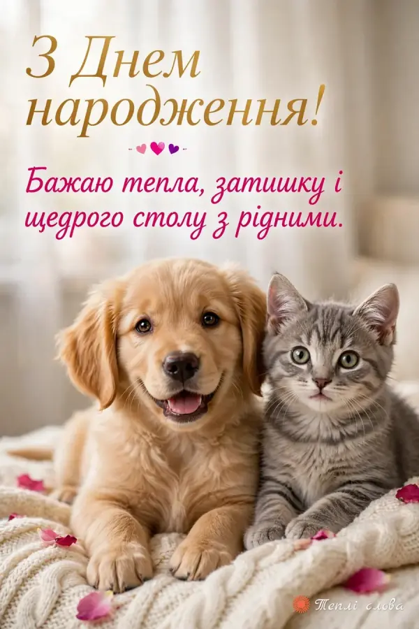 Цуценя й кошеня на пледі і побажання тепла та щедрого столу з рідними