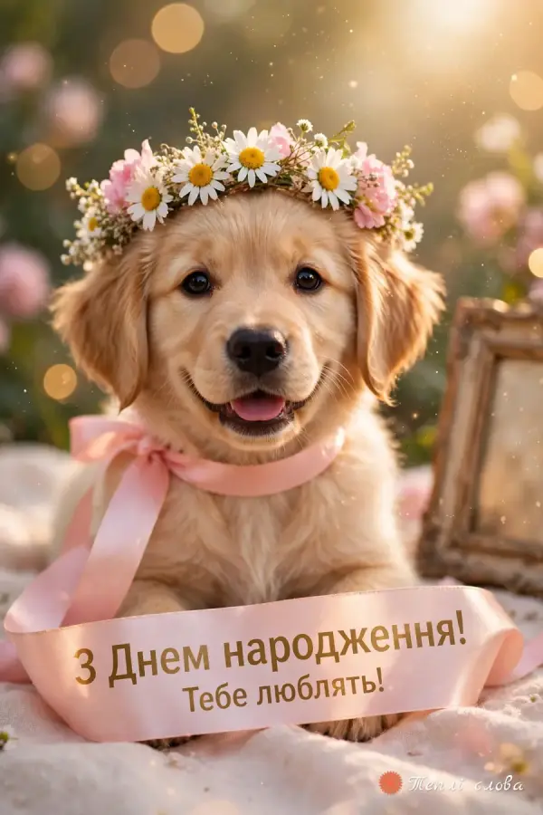 Цуценя в ромашковому віночку з рожевою стрічкою «Тебе люблять!»