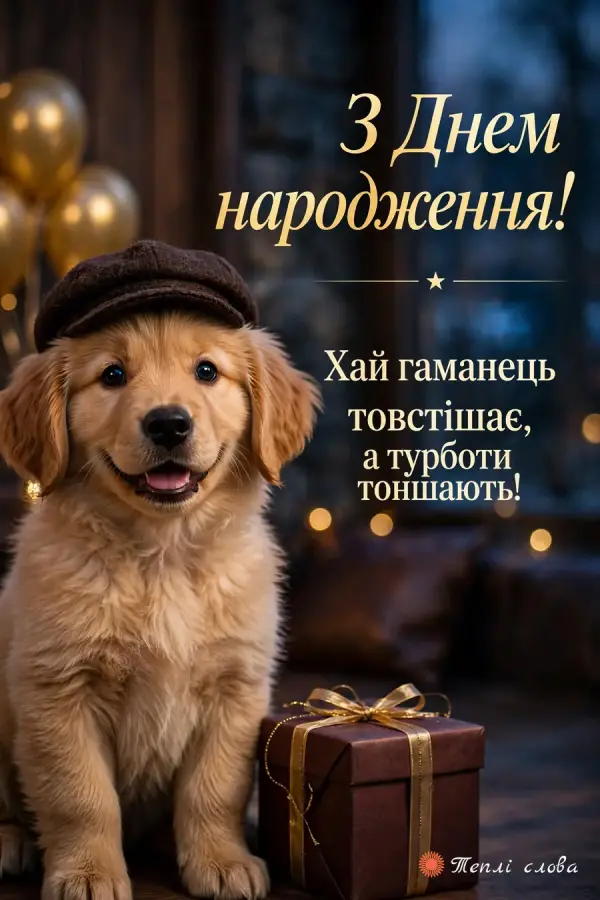 Усміхнене цуценя в кепці з подарунком: хай гаманець товстішає, а турботи тоншають