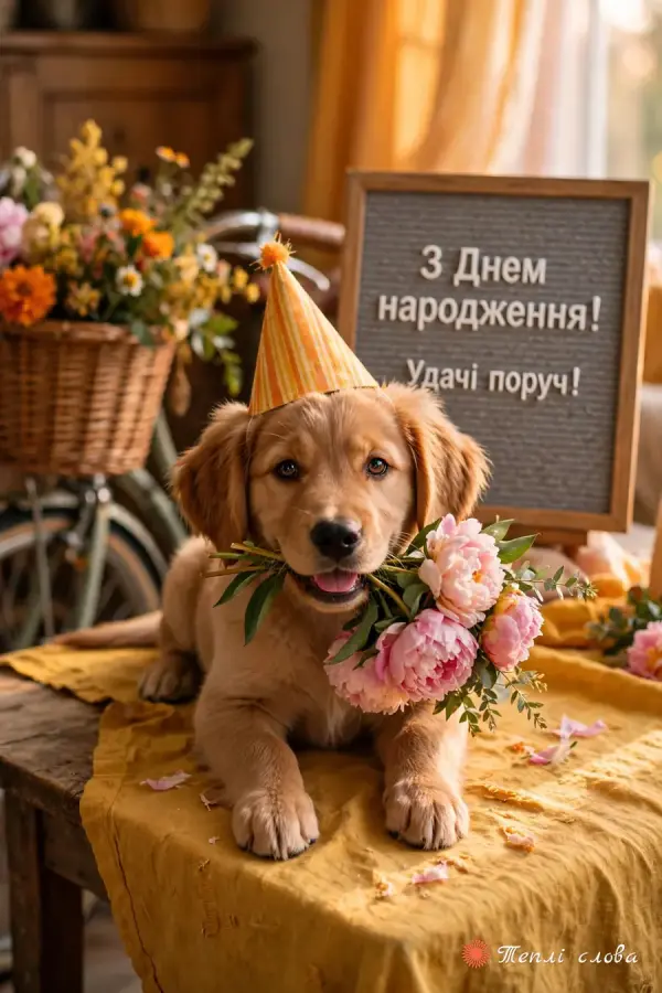 Цуценя в ковпачку з півоніями в зубах і дошка «Удачі поруч!»