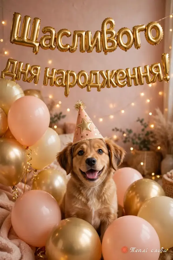 Усміхнене цуценя у святковому ковпачку під золотими кульками-літерами