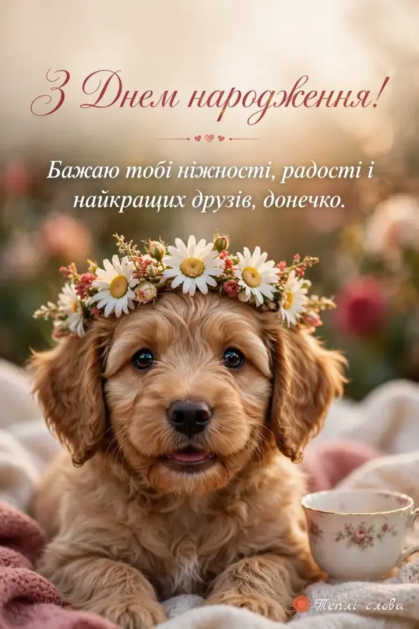 Кучеряве цуценя в ромашковому віночку і побажання ніжності та найкращих друзів