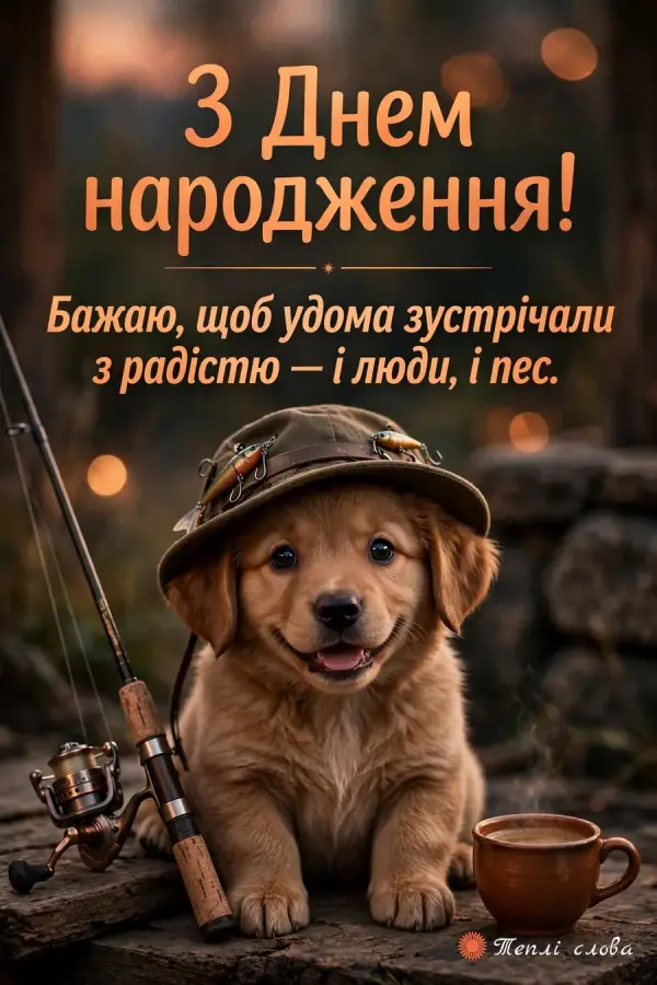 Цуценя в рибальському капелюсі біля вудки й побажання, щоб удома зустрічали з радістю