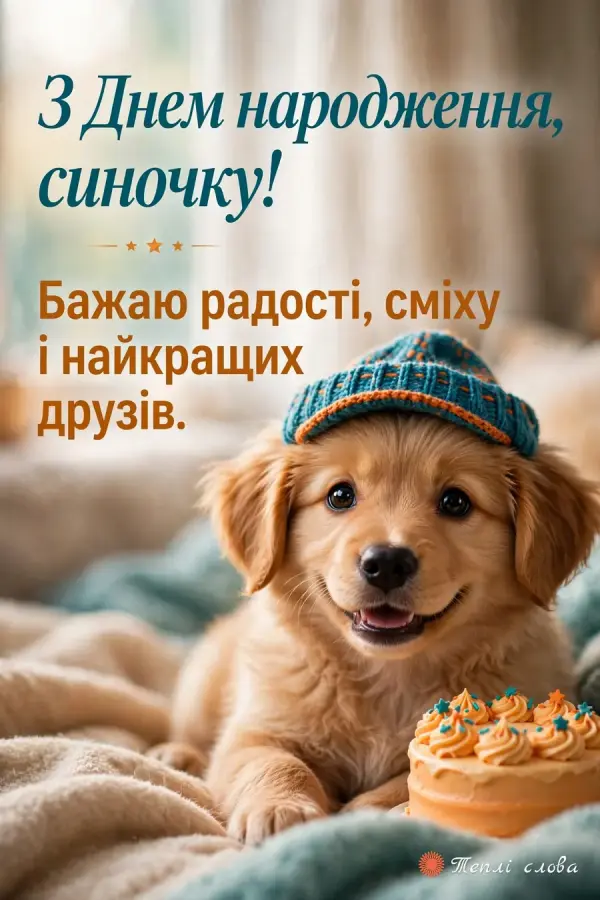 Цуценя у в'язаній шапочці біля тортика і побажання радості й найкращих друзів