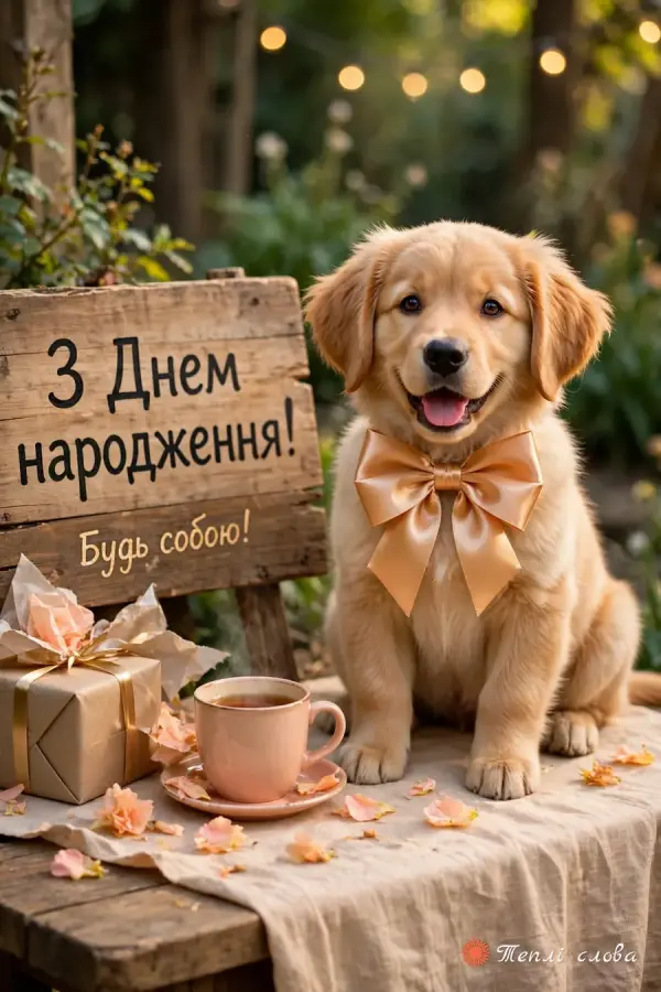 Цуценя з атласним бантом біля таблички «Будь собою!»