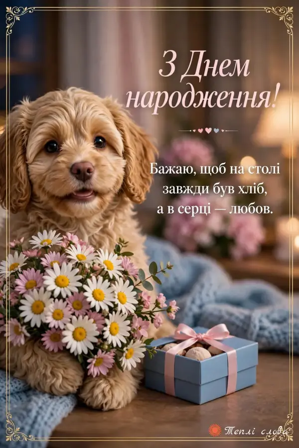 Цуценя з букетом ромашок і подарунком: щоб на столі був хліб, а в серці любов