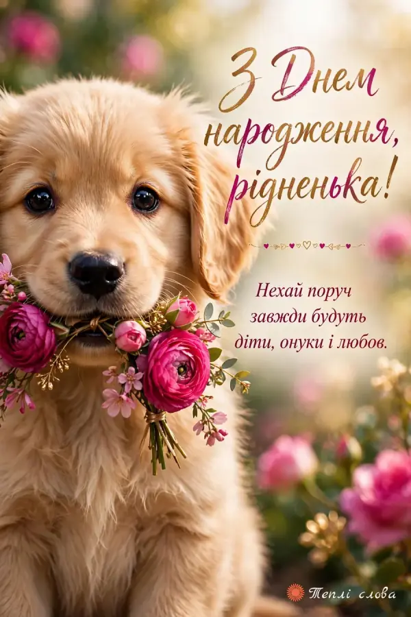 Цуценя з букетиком у зубах — «З Днем народження, рідненька!» і побажання дітей та онуків поруч