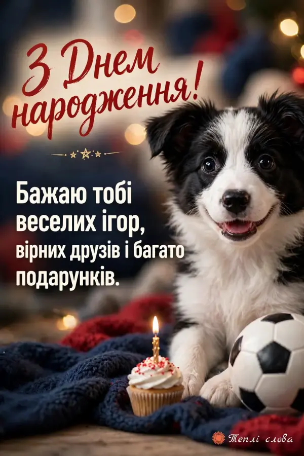 Чорно-біле цуценя з футбольним м'ячем і капкейком, побажання веселих ігор