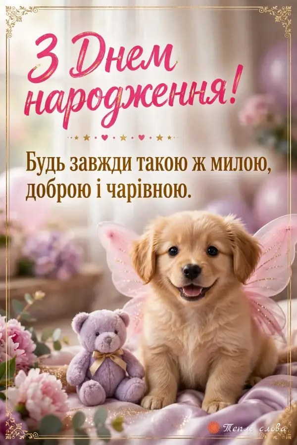 Усміхнене цуценя з рожевими крильцями феї та плюшевим ведмедиком, побажання бути чарівною