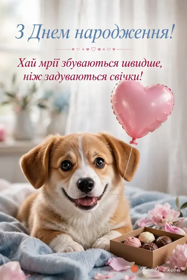 Усміхнене цуценя з рожевою кулькою-серцем: «Хай мрії збуваються швидше, ніж задуваються свічки!»
