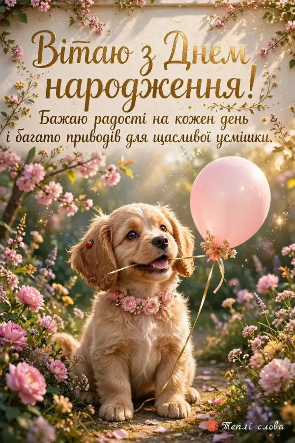 Цуценя з повітряною кулькою в зубах у квітучому саду та побажання радості