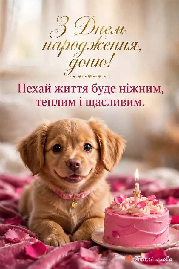 Усміхнене цуценя біля рожевого тортика зі свічкою, побажання ніжного життя
