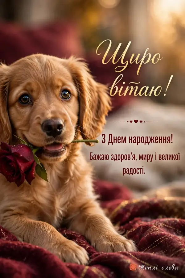 Цуценя з трояндою в зубах — «Щиро вітаю!» і побажання здоров'я та миру