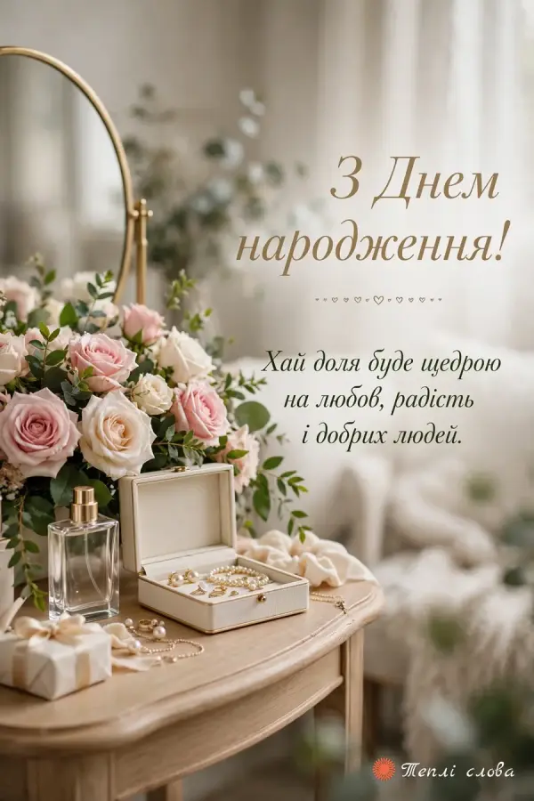Туалетний столик із трояндами, скринькою прикрас і парфумами — побажання щедрої долі