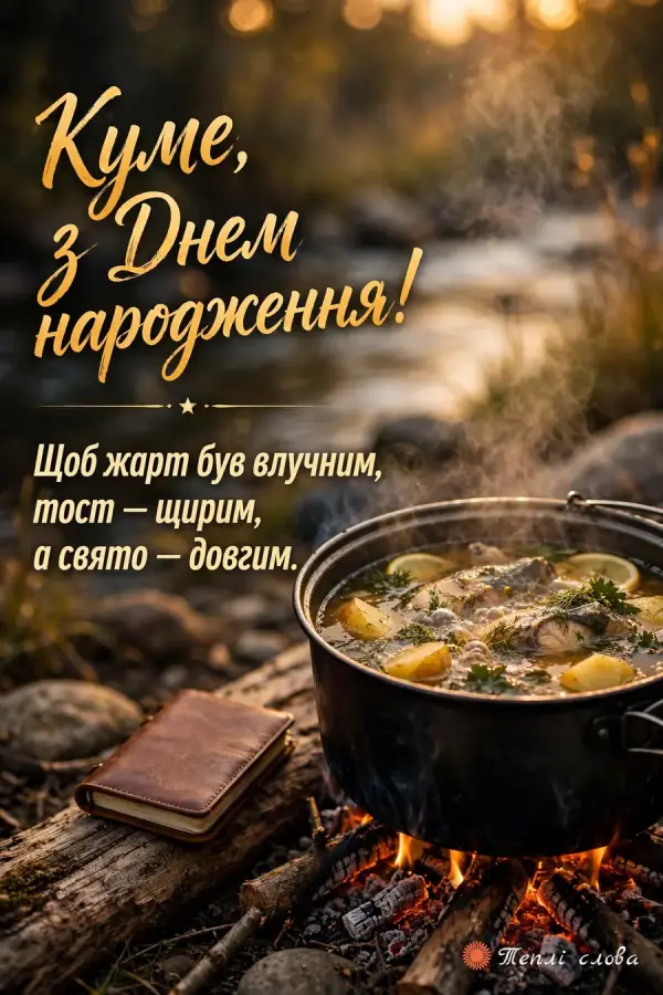 Юшка в казанку на багатті біля річки й побажання влучних жартів і довгого свята