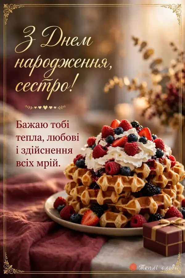 Вафлі з ягодами й вершками і побажання тепла, любові та здійснення мрій
