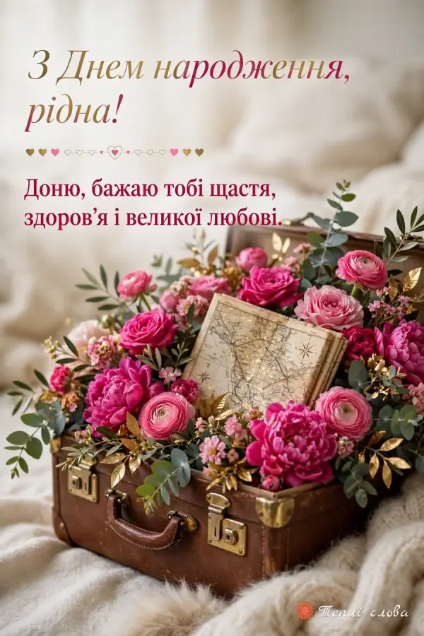 Стара валіза з піоновидними трояндами й картою, побажання щастя і великої любові