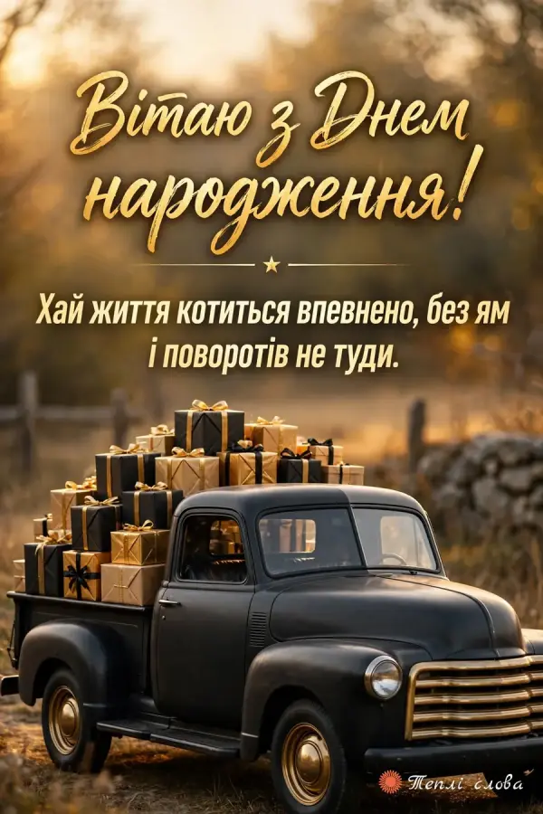 Ретро-вантажівка з горою подарунків у кузові на заході сонця й побажання впевненого шляху