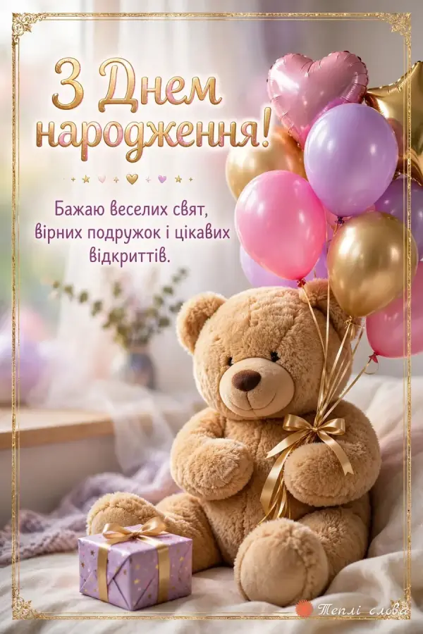 Плюшевий ведмедик з повітряними кульками й подарунком, побажання вірних подружок