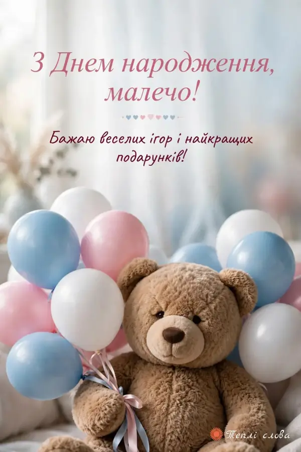 Плюшевий ведмедик з пастельними кульками — «З Днем народження, малечо!»