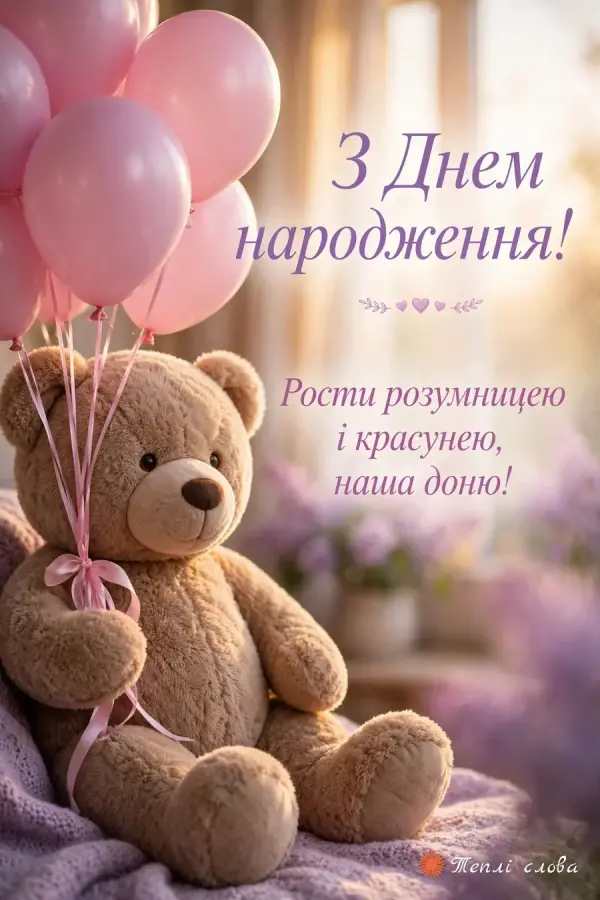 Плюшевий ведмедик з рожевими кульками — «Рости розумницею і красунею»