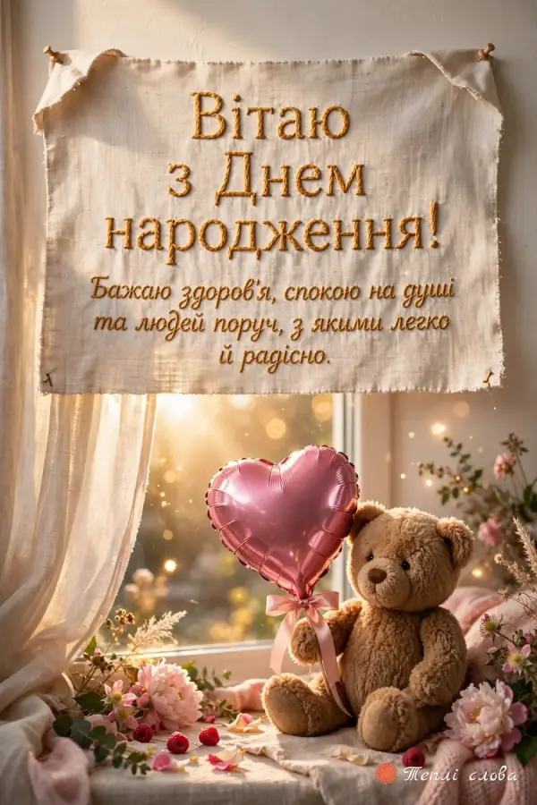 Листівка з днем народження: ведмежа з кулькою-серцем біля вікна і вишите полотно з побажанням