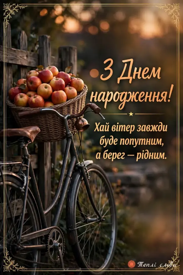 Велосипед з кошиком яблук біля тину в золотій рамці й побажання попутного вітру