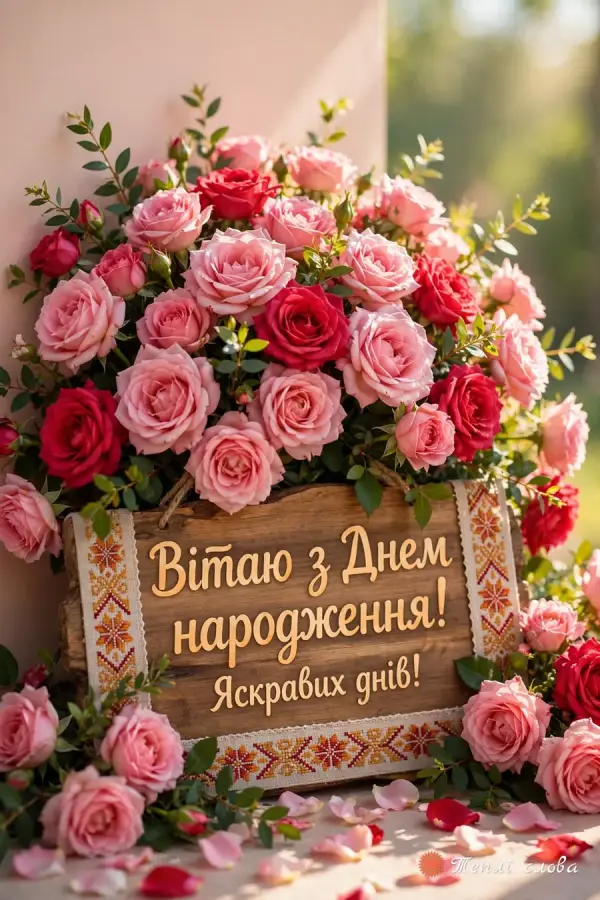 Величезний букет троянд і табличка з вишитим орнаментом «Яскравих днів!»